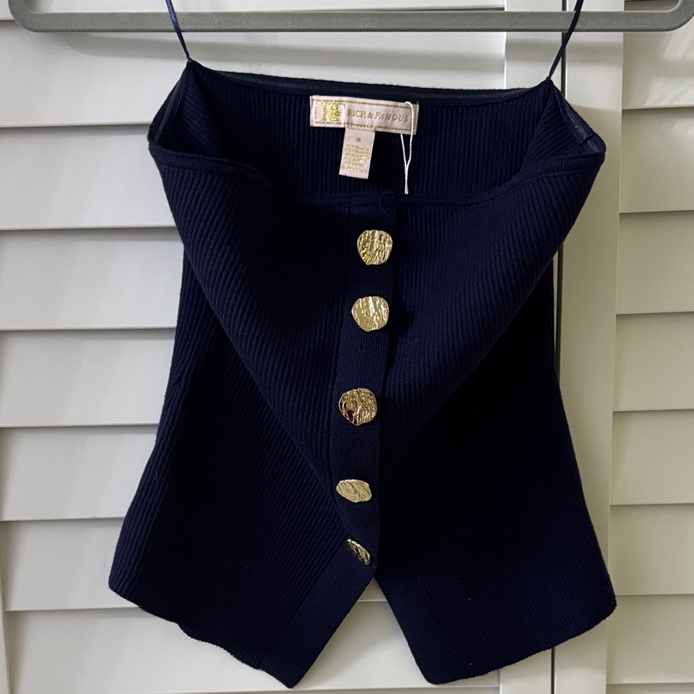Chic Navy Ribbed Tank with Gold Accent Buttons by RICH & FAMOUS
